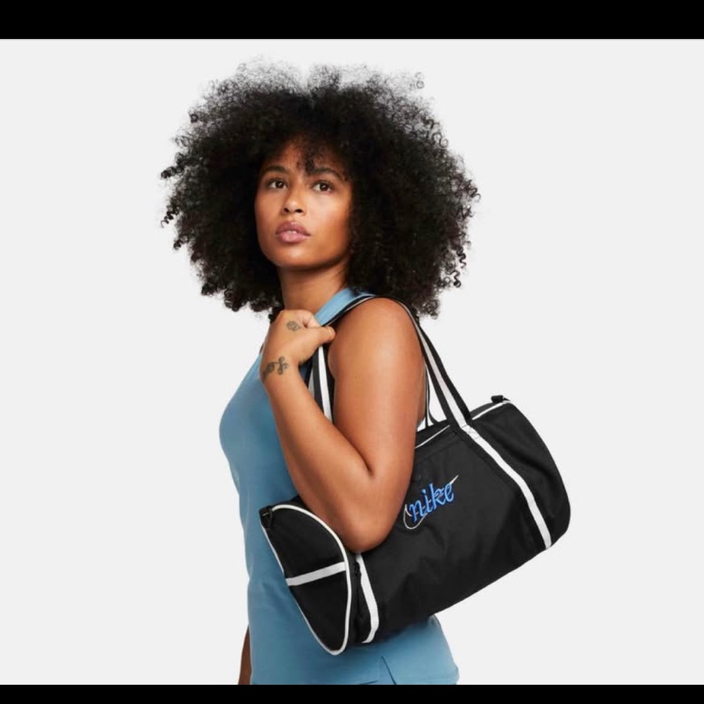 Nike Black Duffel Bag with White Trim and Blue Logo
